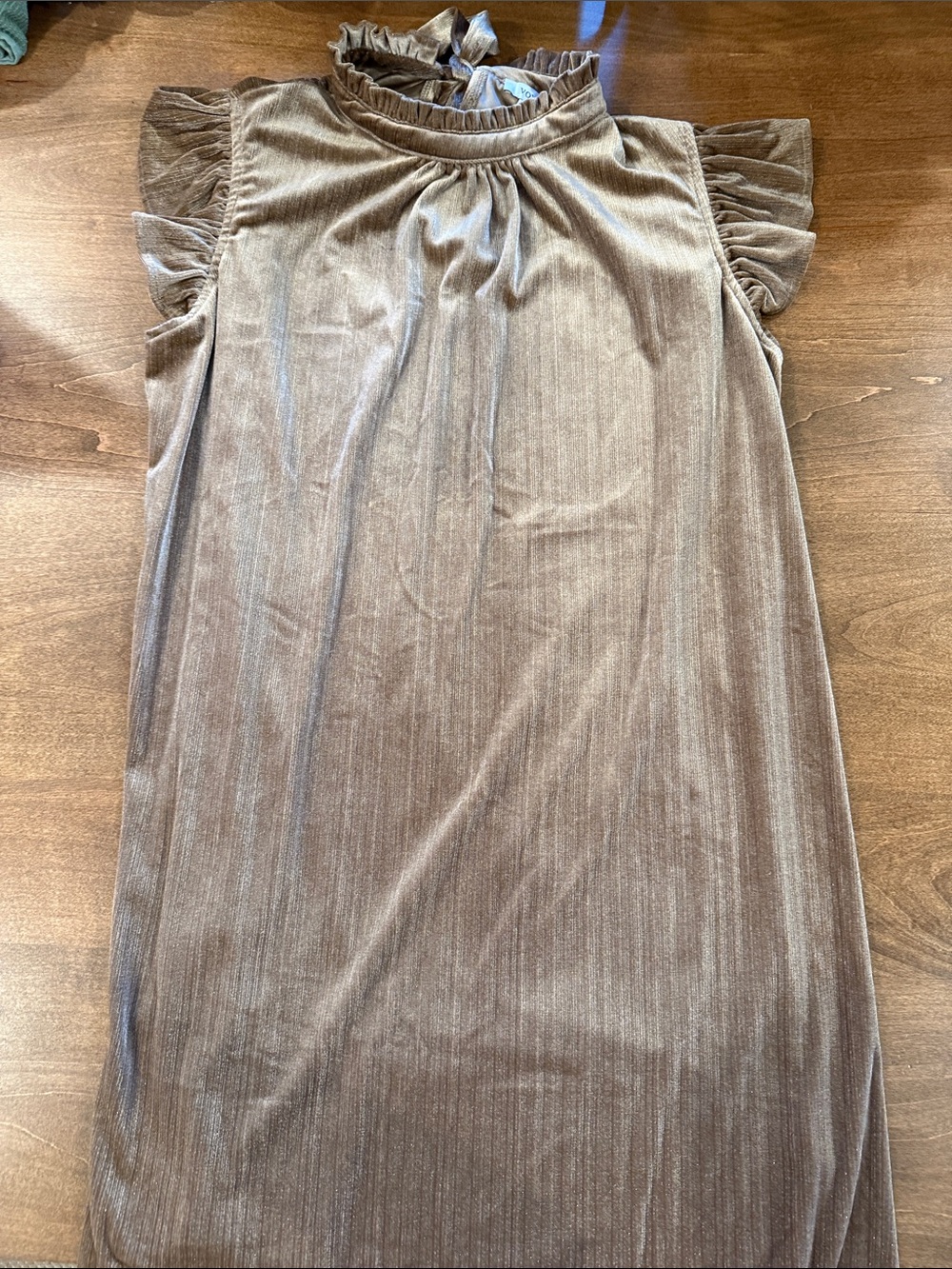 Ruffled Neck Sleeveless Shift Dress in Taupe and Gold